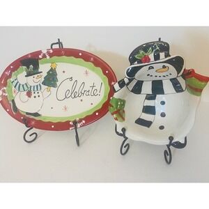 Fitz & Floyd Frosty's Frolic Celebrate Plate‎ & Snowman Tidbit Bowl Set
